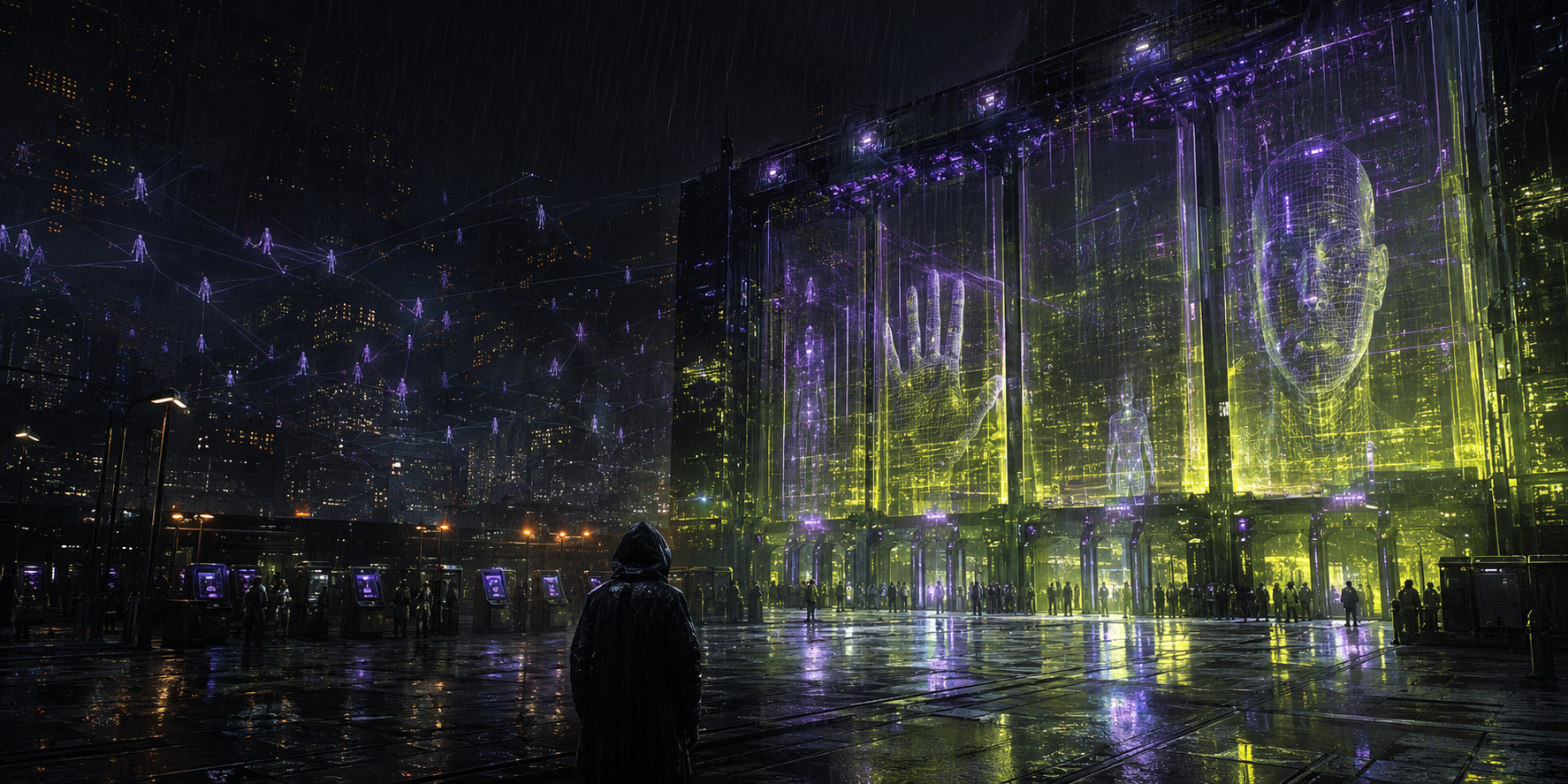 An anonymous figure faces a vast illuminated identity checkpoint in a rain-dark network city.