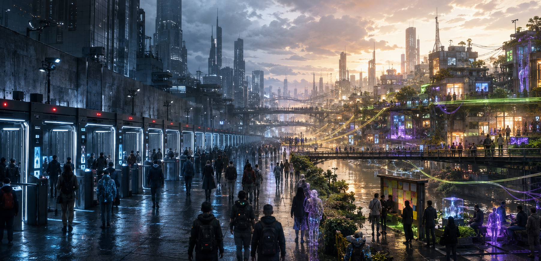 A split cyberpunk city contrasts identity turnstiles with an open, interoperable digital commons.
